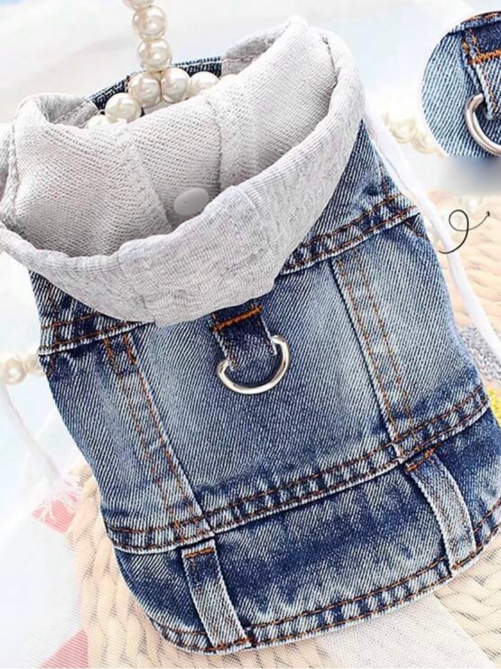 Sleeveless Denim Hooded dog harness vest, blue wash denim